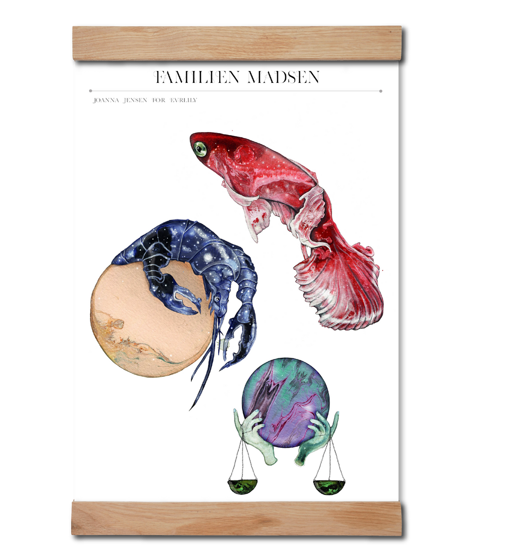 Familieplakat med stjernetegn, fisken, krebsen og vægten