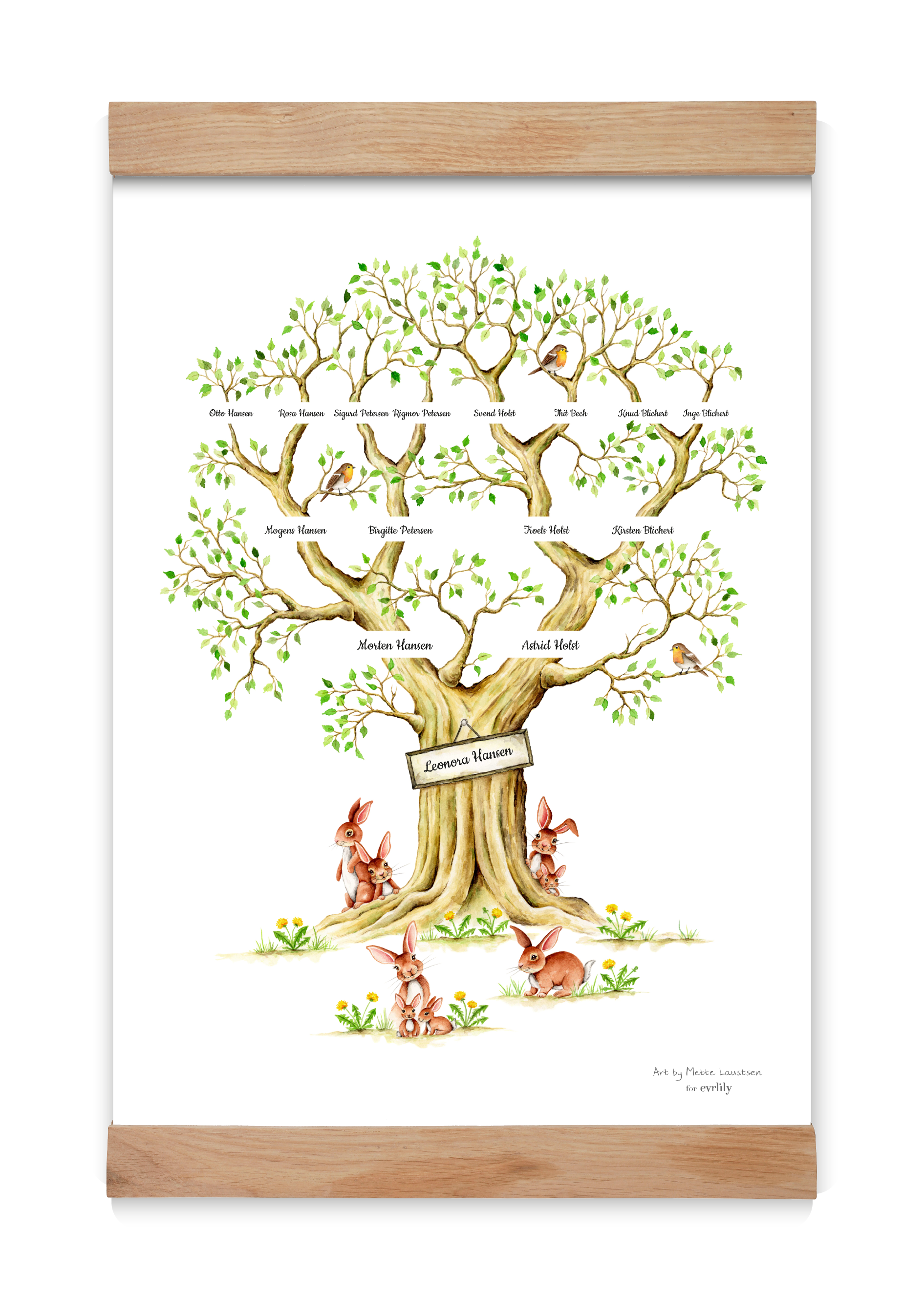 A3 stamtræ personlig plakat med træramme af Art by Mette Laustsen med ramme familieplakat akvarel generationstræ lav dit eget stamtræ 