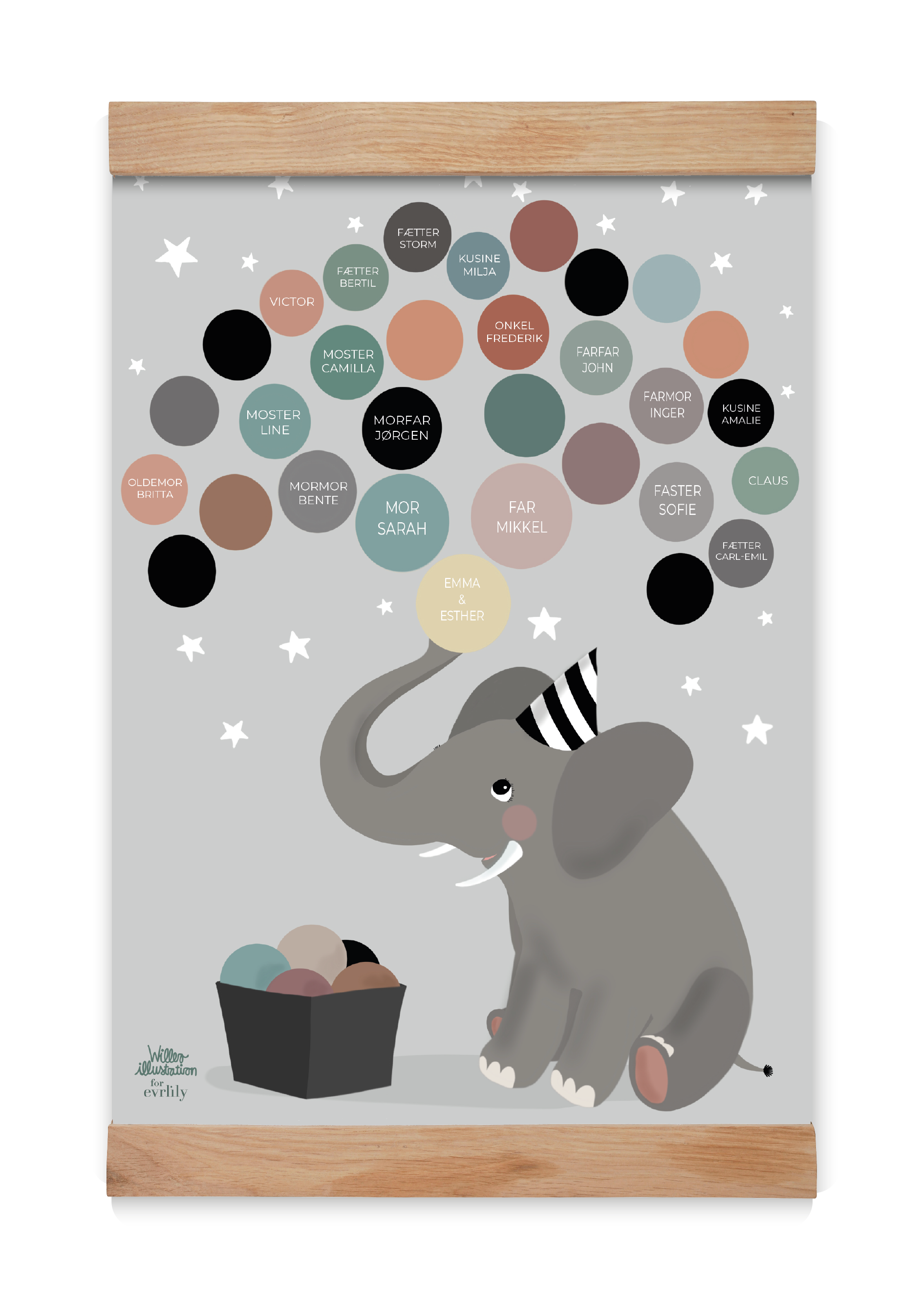 A3 Elefant stamtræ personlig plakat af Willero i grå med ramme familieplakat