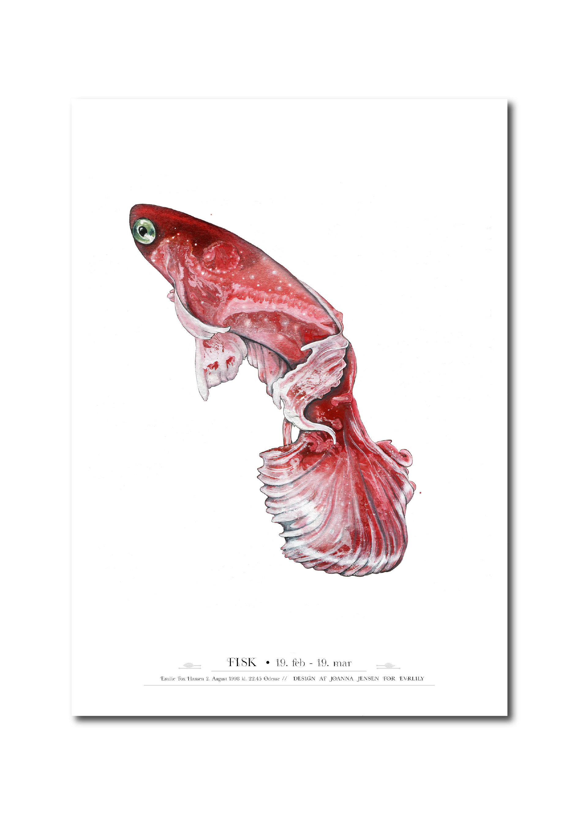 Pisces, Fisken, personlig stjernetegnsplakat med navn, Kunstplakat malet af billedkunster Joanna Jensen. 