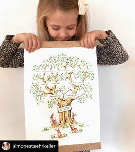 Pige holder A3 stamtræ personlig plakat af Art by Mette Laustsen familieplakat akvarel generationstræ lav dit eget stamtræ med ramme