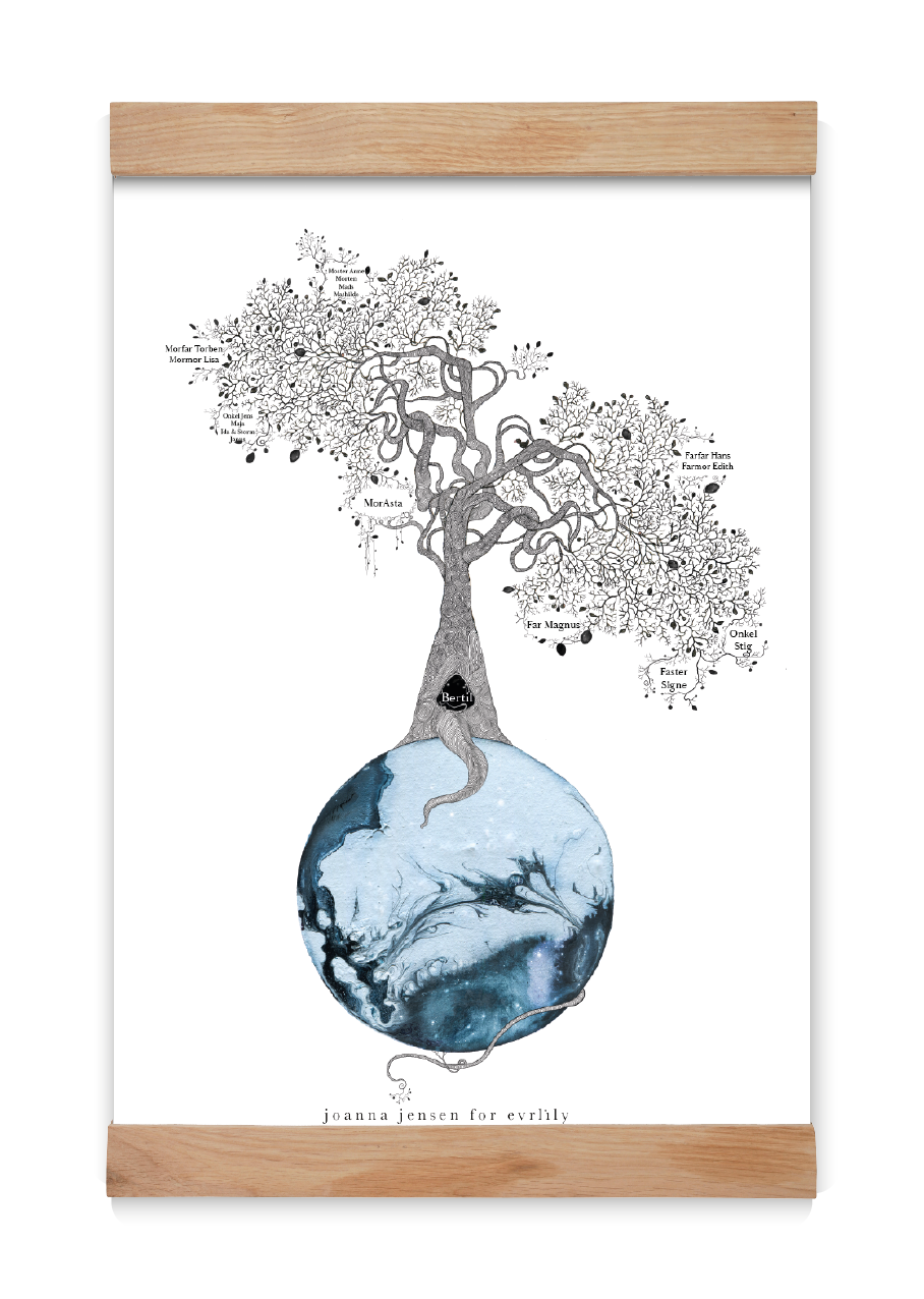 A3 stamtræ personlig plakat med ramme familieplakat i blå akvarel generationstræ lav dit eget stamtræ Joanna Jensen 