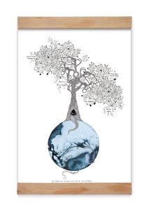 A3 stamtræ personlig plakat med ramme familieplakat i blå akvarel generationstræ lav dit eget stamtræ Joanna Jensen 