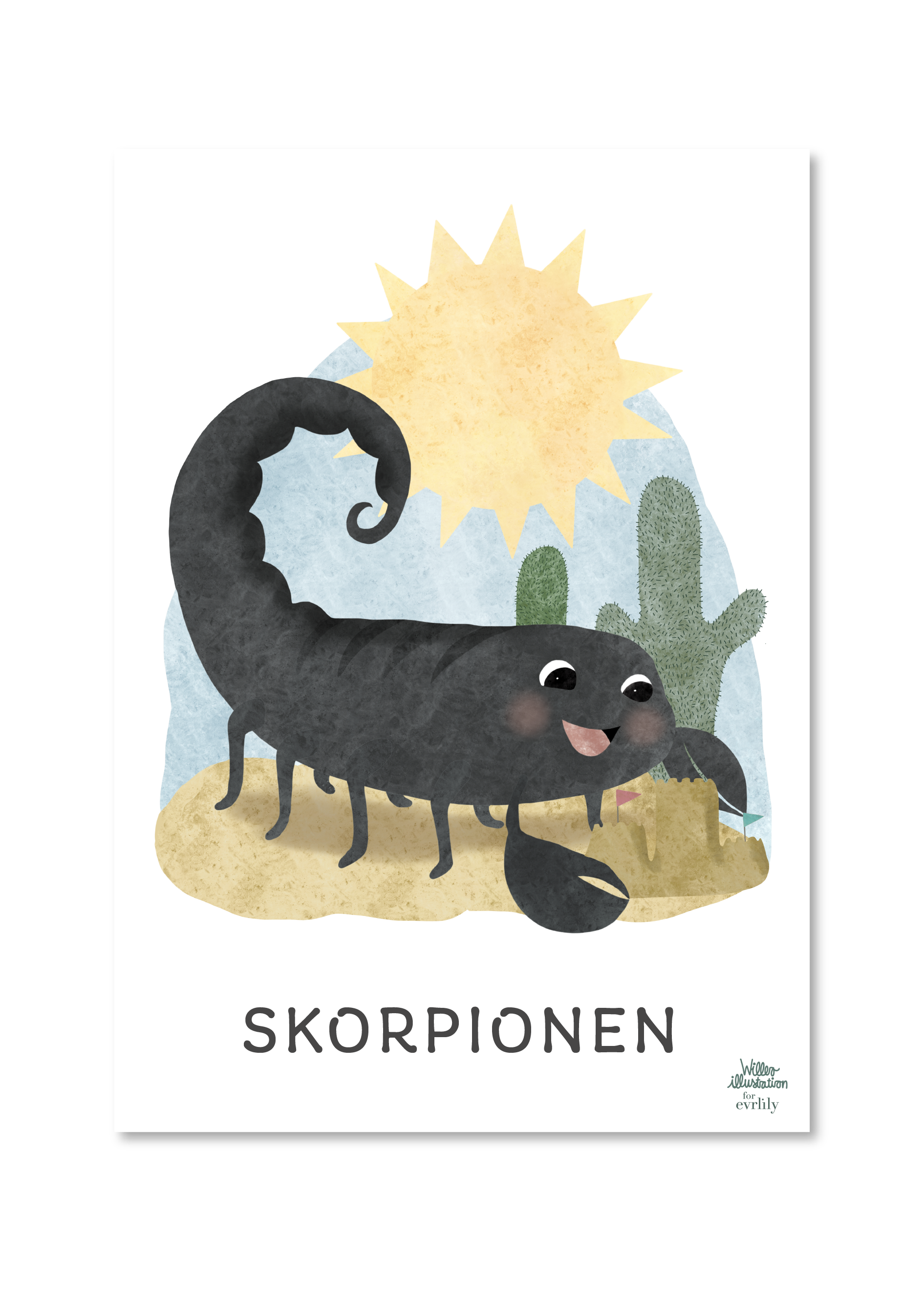 Sød og personlig stjernetegnsplakat med skorpionen til børn. Scorpio er tegnet til børneværelset af Willero illustration for Evrlily