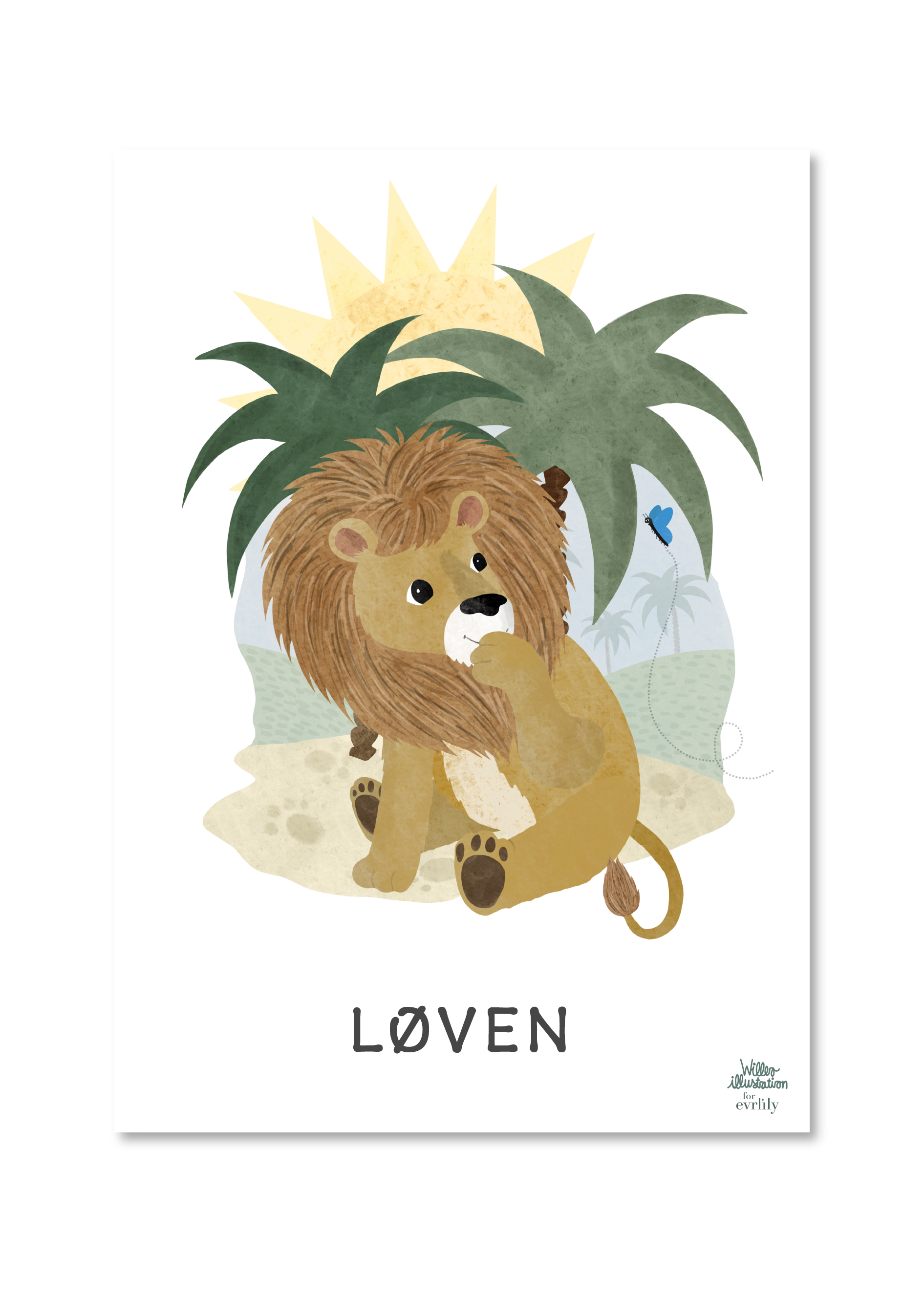 Plakat til børn med stjernetegnet løven tegnet af Petrine WIllero for Evrlily