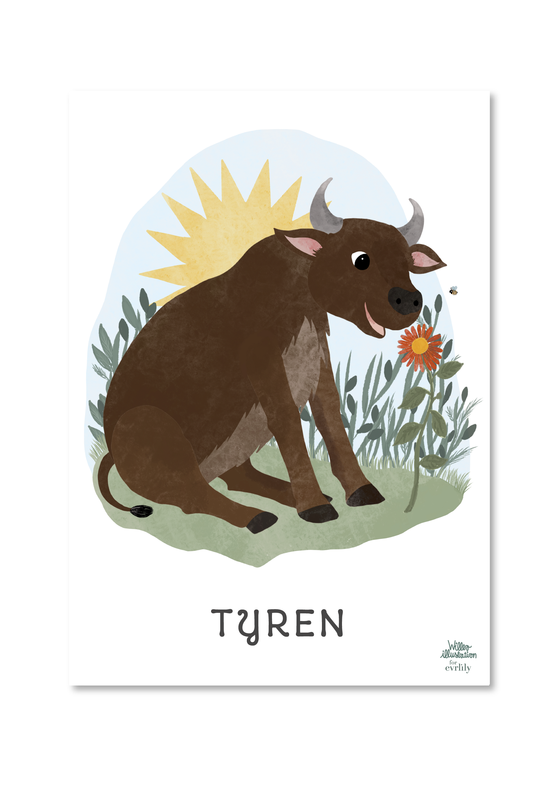 Sød stjernetegnsplakat til børneværelset med tyren - taurus. tegnet i fin stil af willero illustration for Everlily