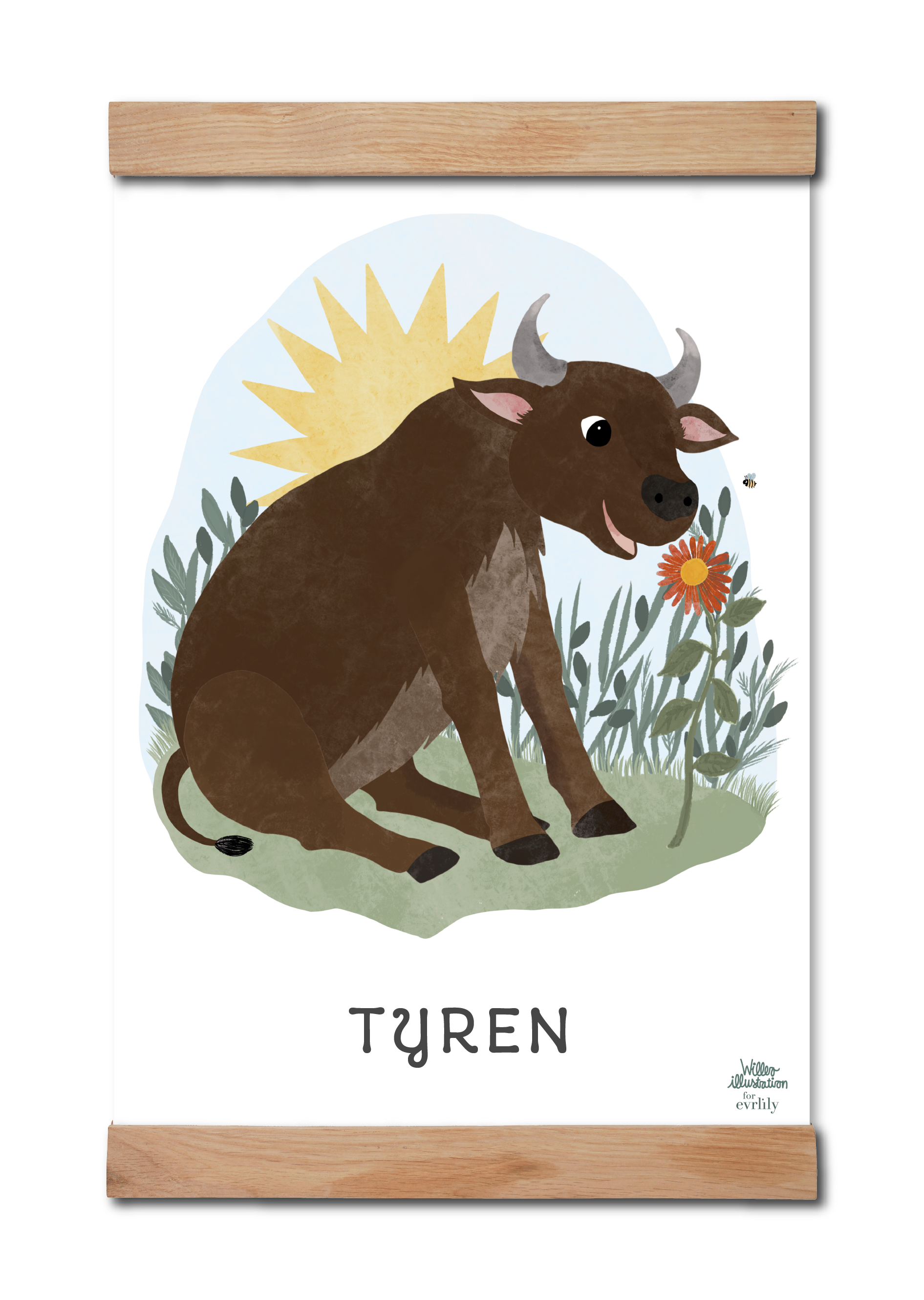 Børneplakat med stjernetegnet tyren. sød og personlig plakat med tyren til børneværelset, tegnet af willero illustration for evrlily