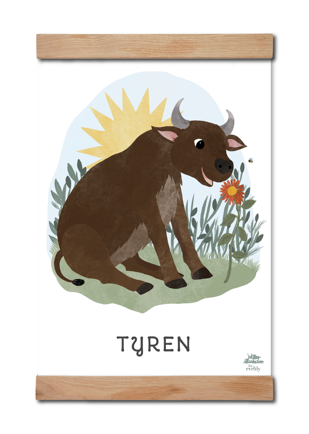 Børneplakat med stjernetegnet tyren. sød og personlig plakat med tyren til børneværelset, tegnet af willero illustration for evrlily