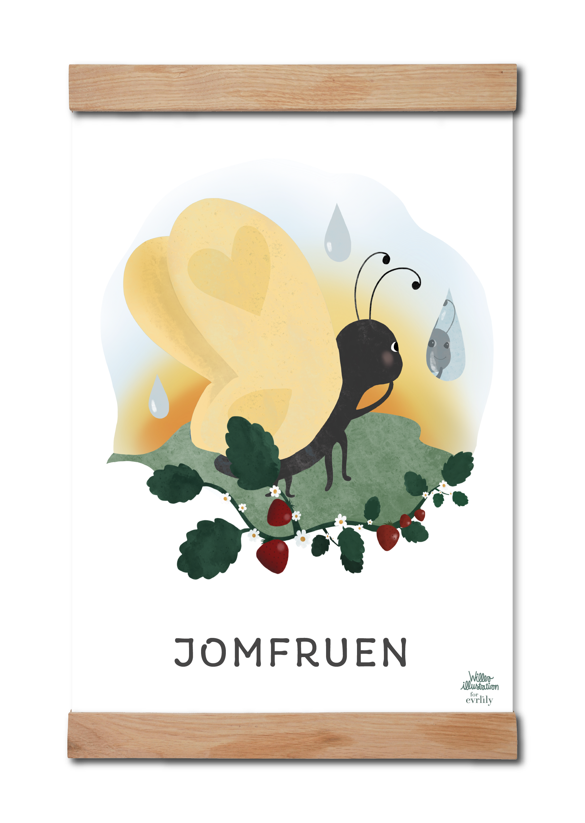 Plakat med stjernetegnet Jomfruen / Virgo. Jomfruen er illustreret med en sød sommerfugl af Petrine Willero for Everlily
