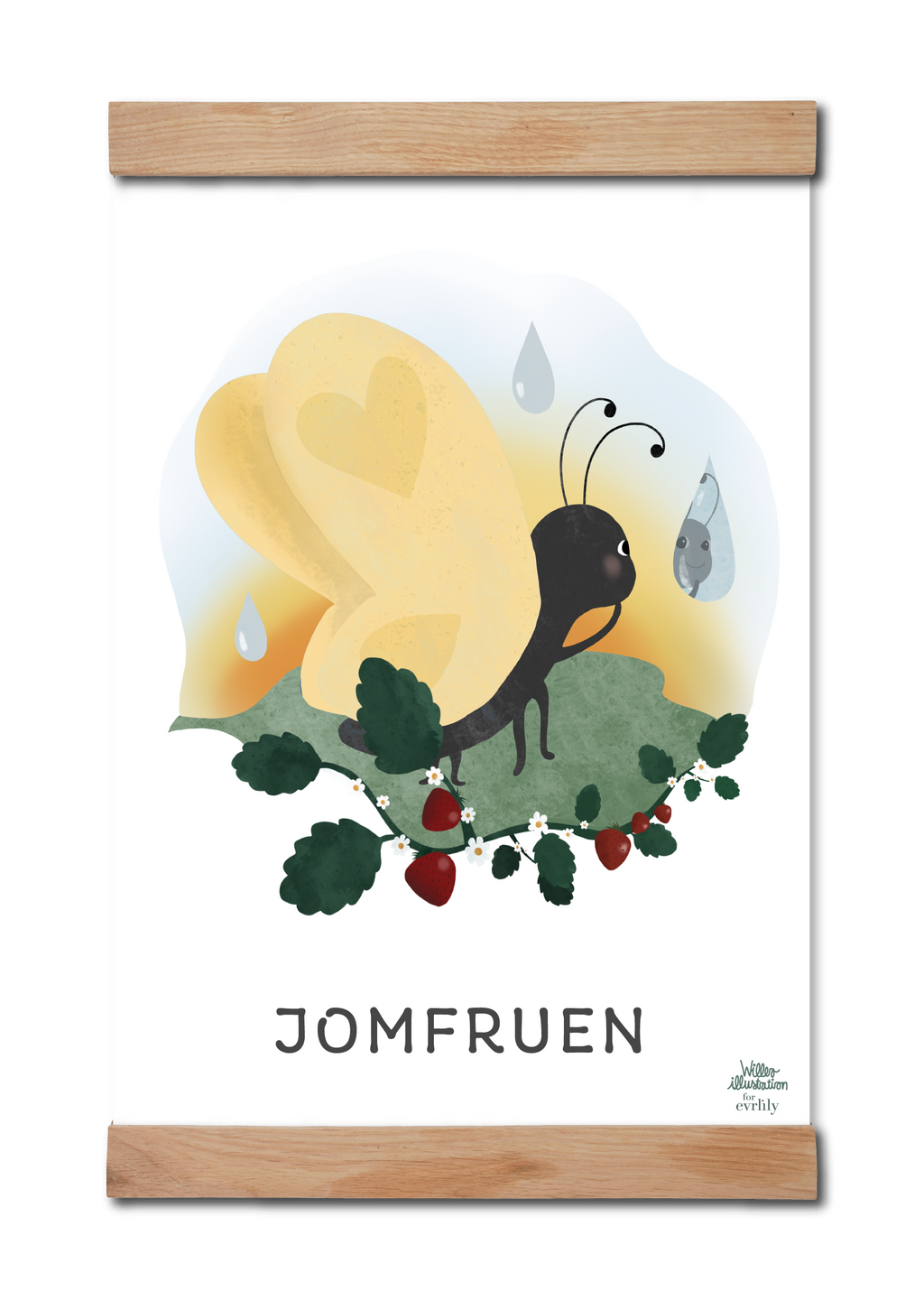 Plakat med stjernetegnet Jomfruen / Virgo. Jomfruen er illustreret med en sød sommerfugl af Petrine Willero for Everlily