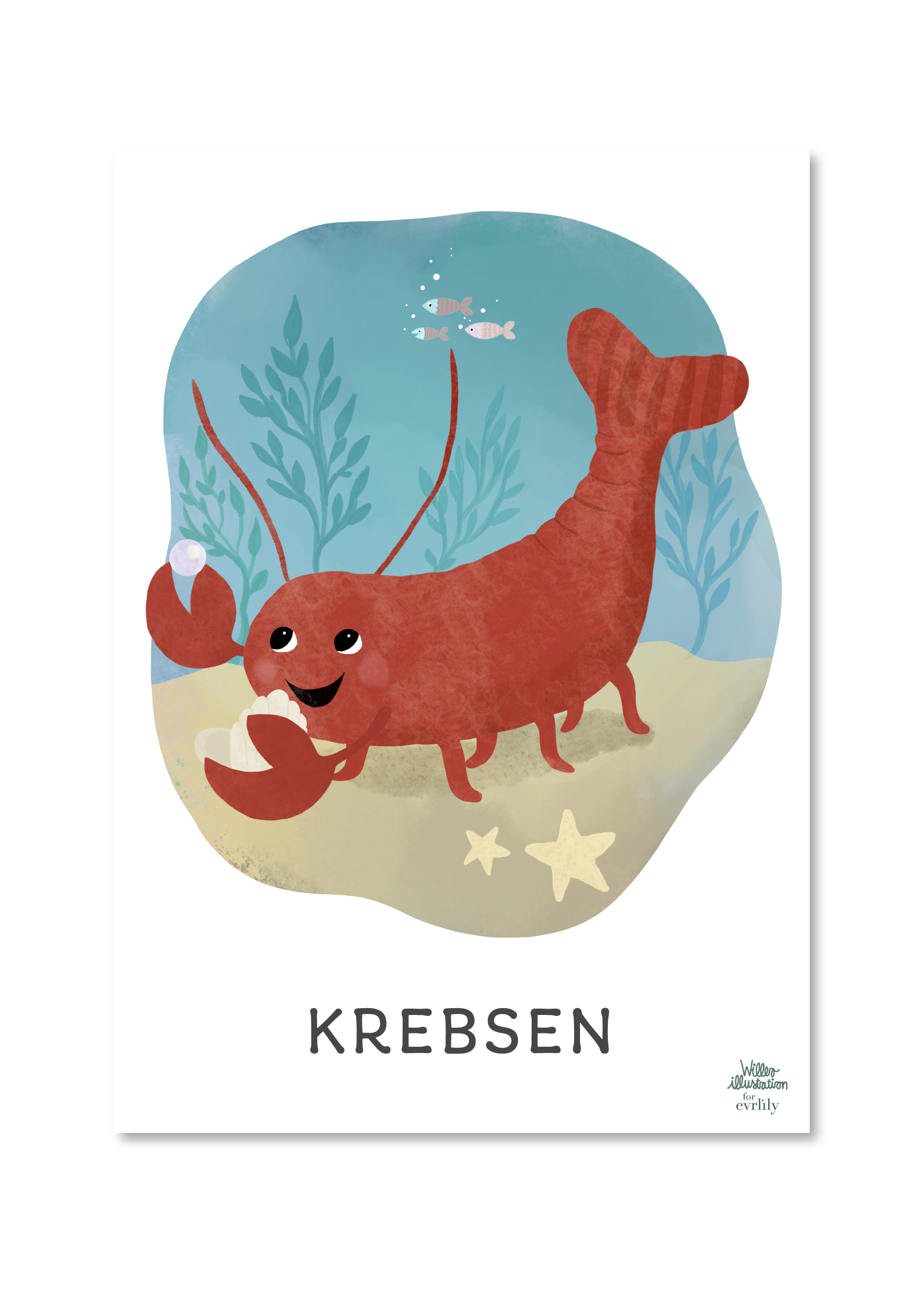 plakat med krebsen der holder en perle. sød illustration til børneværelset 