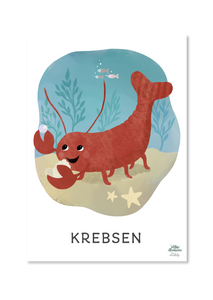 plakat med krebsen der holder en perle. sød illustration til børneværelset 
