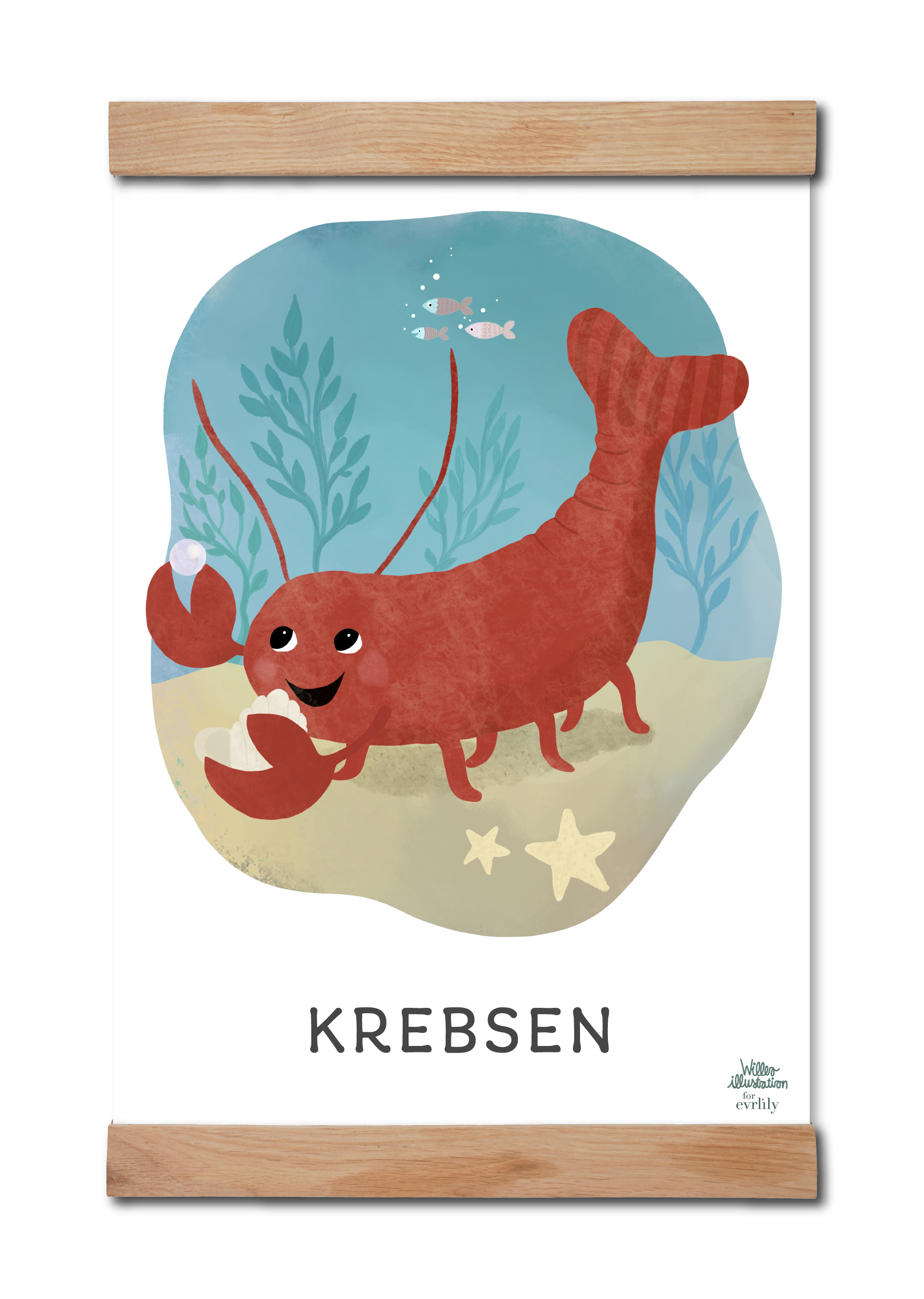 Krebsen / Canser som stjernetegnsplakat til børn og børneværelset. Krebsen er tegnet af WIllero Illustration for Evrlily