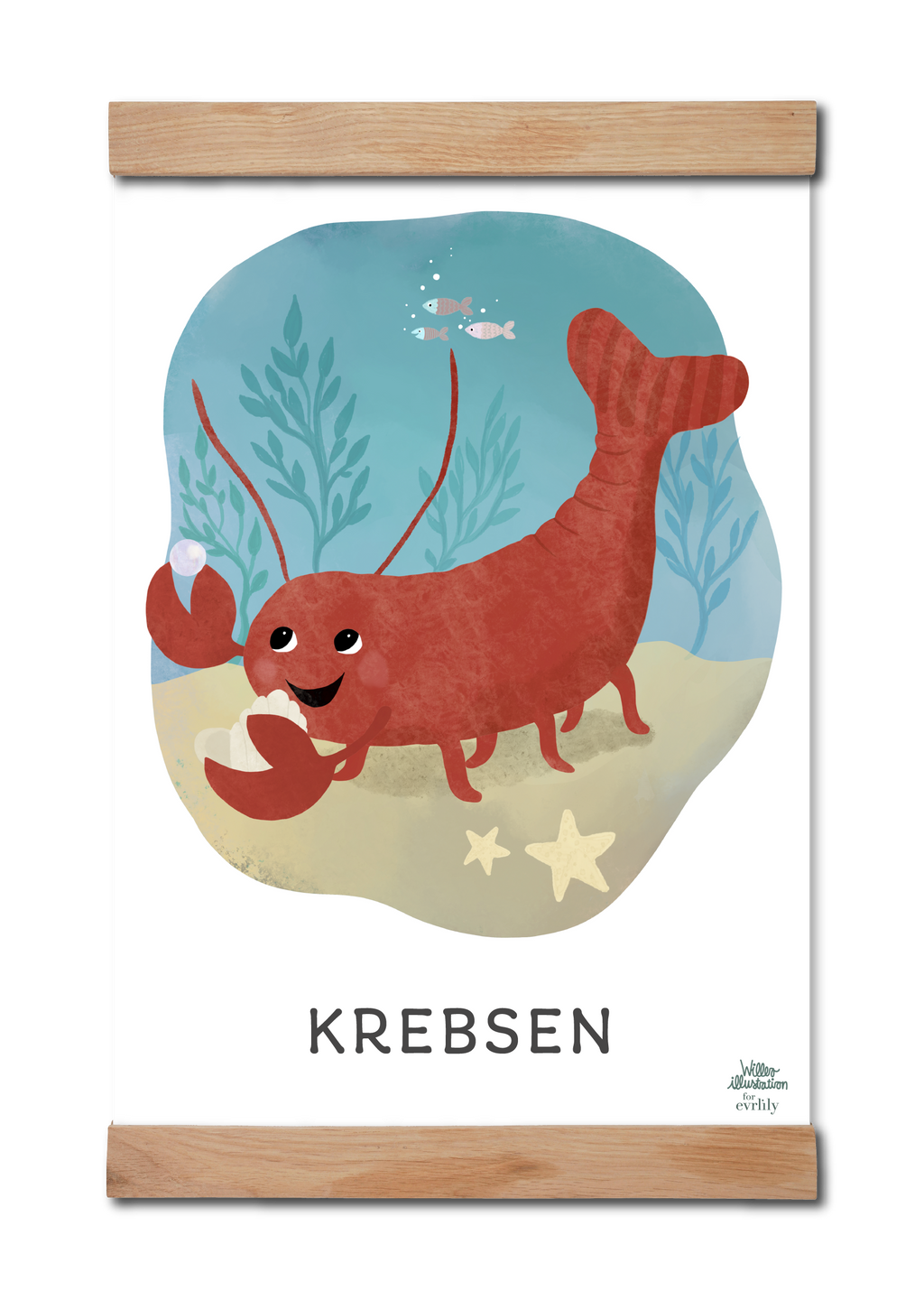 Krebsen / Canser som stjernetegnsplakat til børn og børneværelset. Krebsen er tegnet af WIllero Illustration for Evrlily