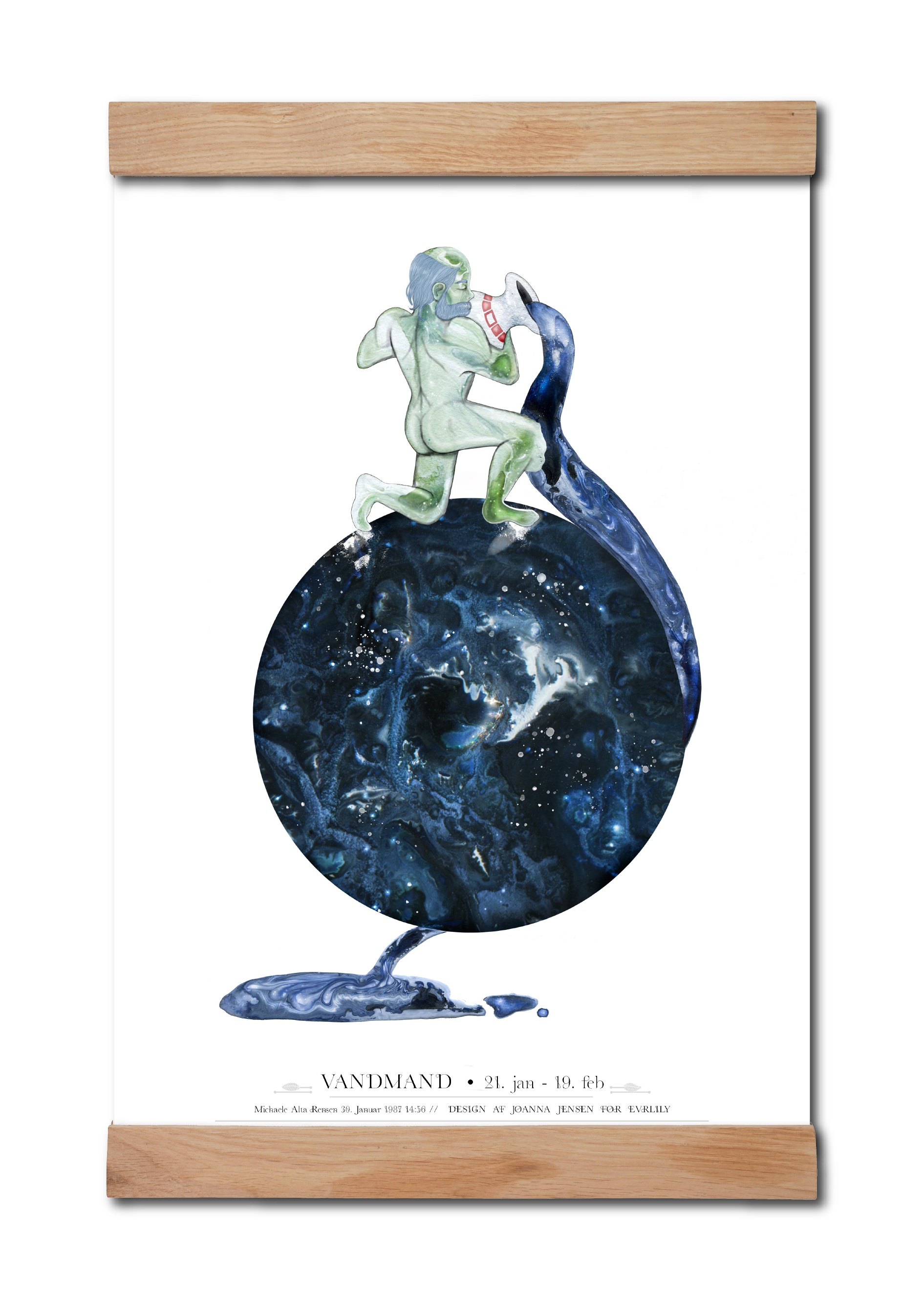 Vandmanden - aquarius plakat med stjernetegn malet i akvarel som personlig gave