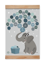 Indlæs billede til gallerivisning A3 Elefant stamtræ personlig plakat af Willero i blå med ramme familieplakat
